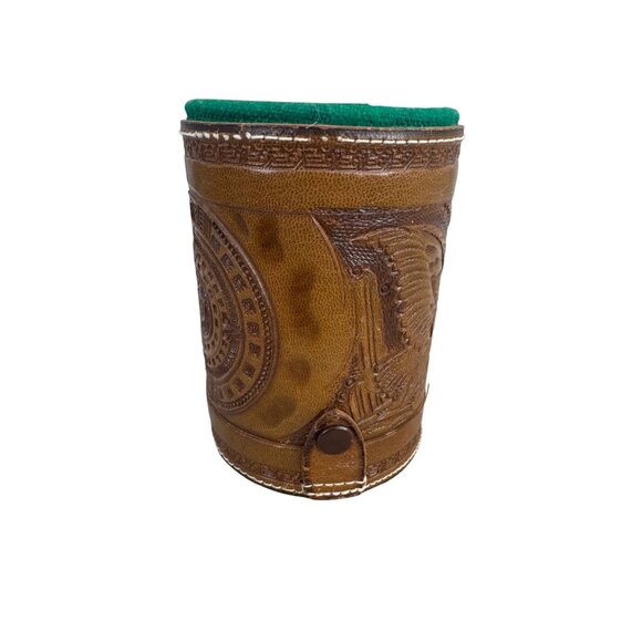 Vintage Handcrafted Leather Aztec Mayan Calendar Dice Cup With Eagle Design - Picture 1 of 9